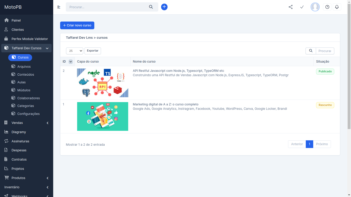 Taffarel.dev - Módulo LMS Pro para Perfex CRM