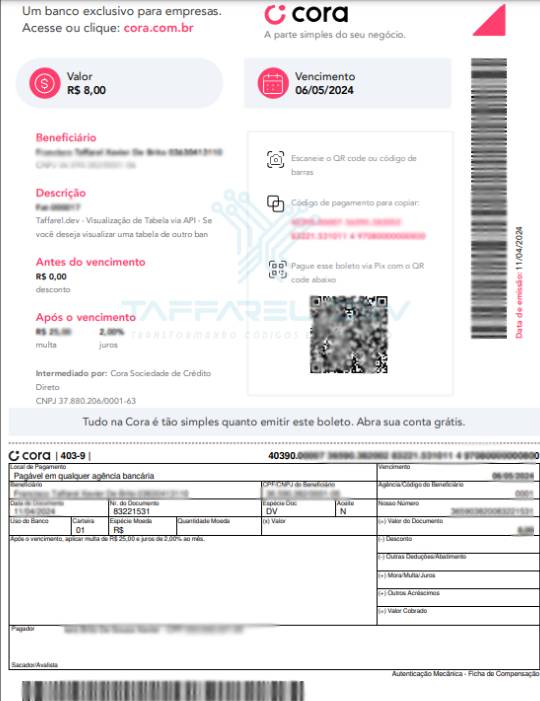 Taffarel.dev - Módulo Banco Cora para Perfex