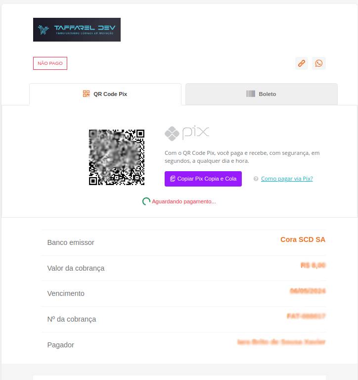 Taffarel.dev - Módulo Banco Cora para Perfex
