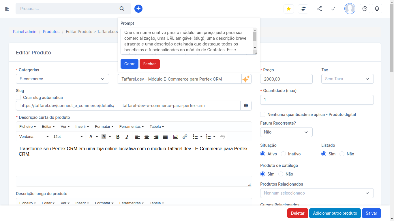Taffarel.dev - Módulo E-Commerce para Perfex CRM
