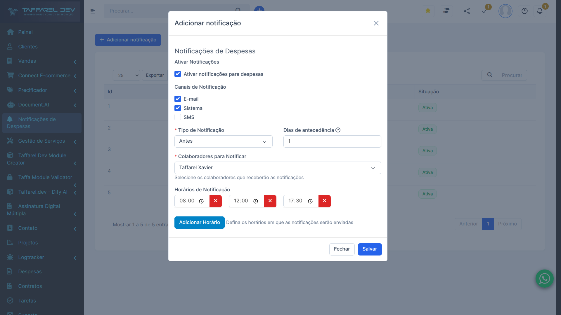 Taffarel.dev - Módulo Notificações Inteligentes para Despesas