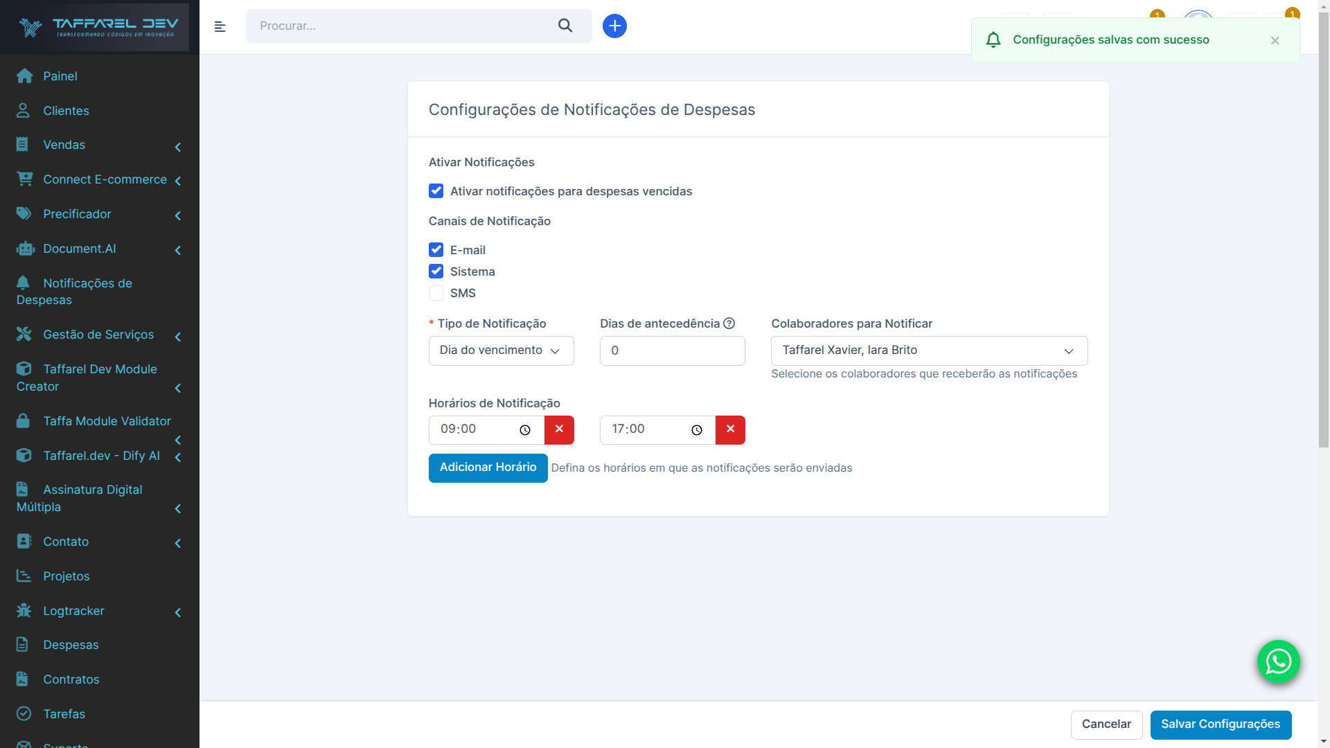 Taffarel.dev - Módulo Notificações Inteligentes para Despesas