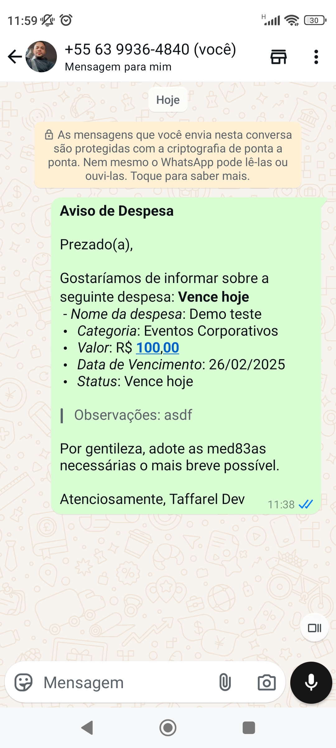 Taffarel.dev - Módulo Notificações Inteligentes para Despesas