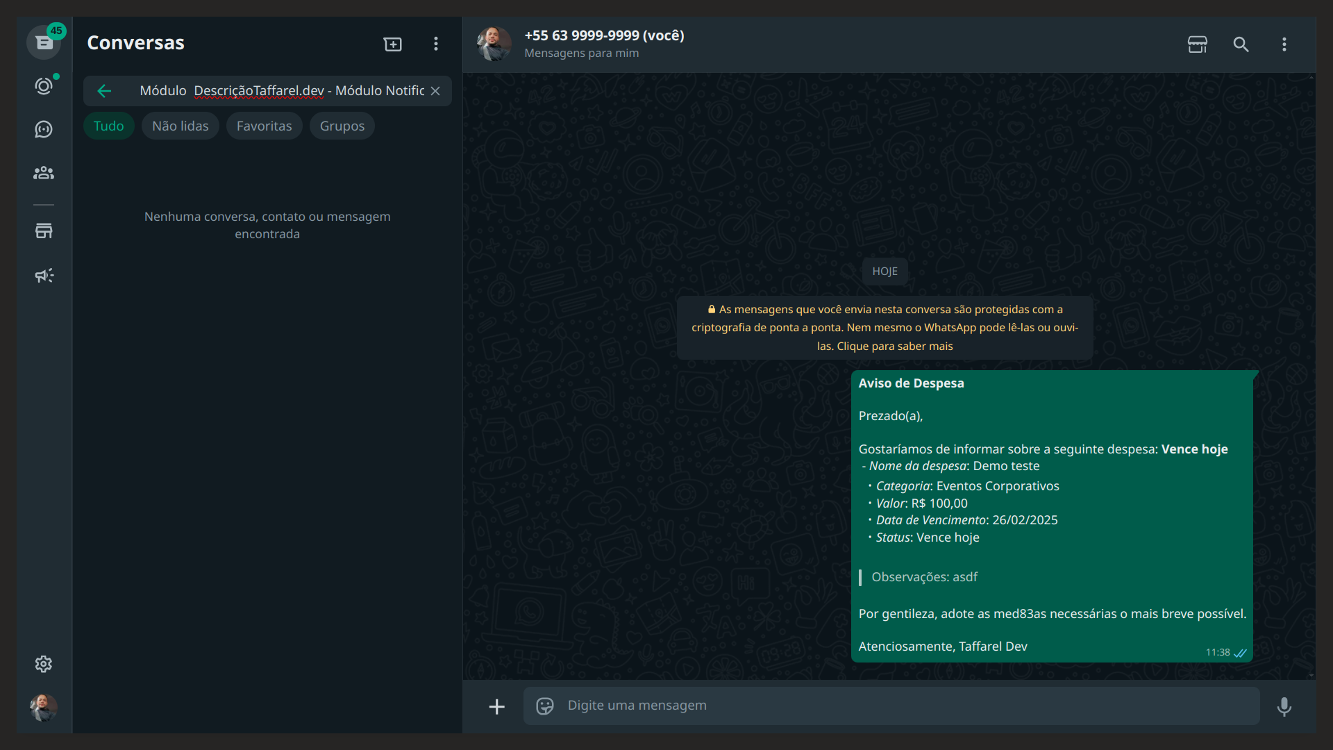 Taffarel.dev - Módulo Notificações Inteligentes para Despesas