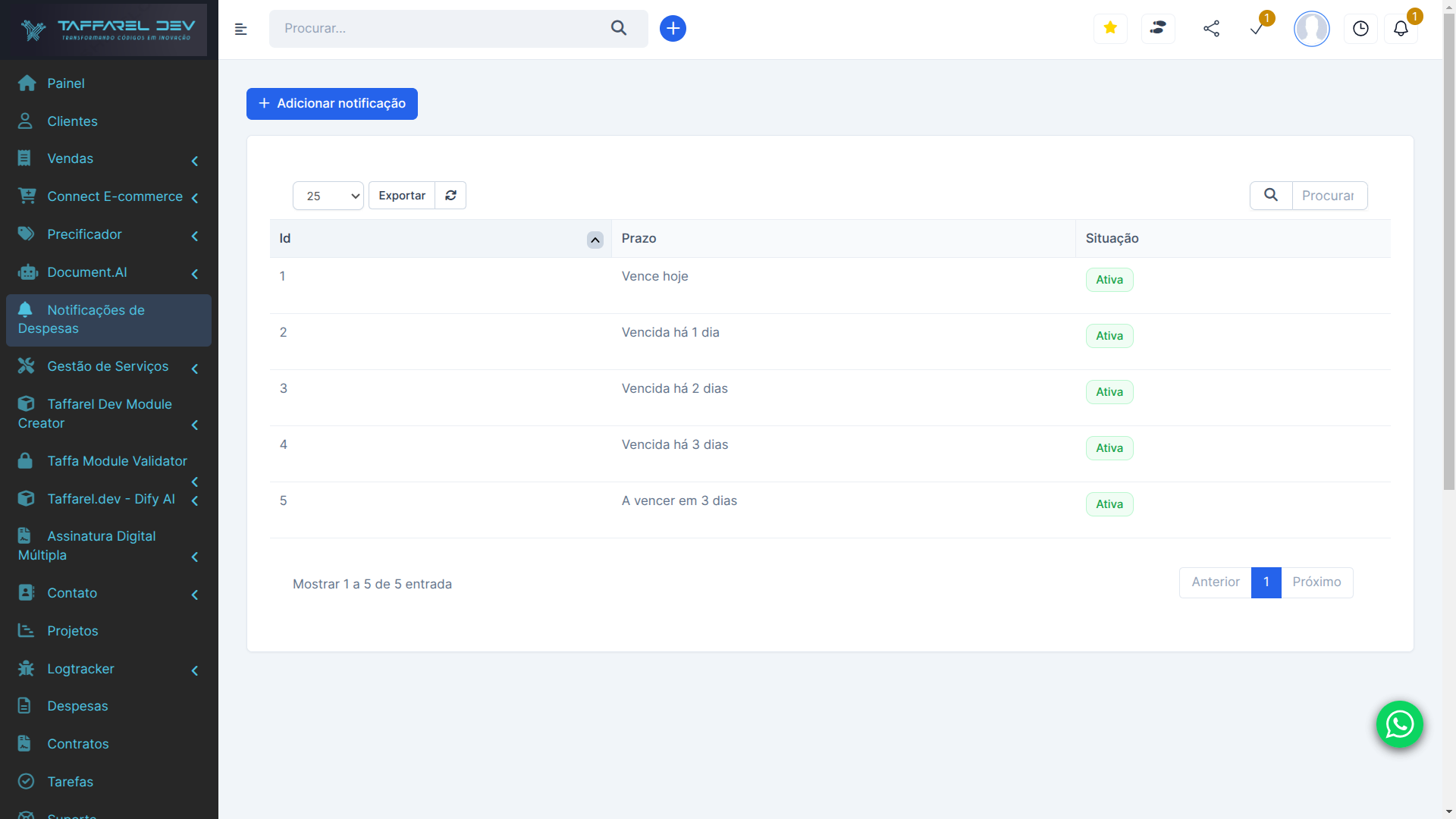 Taffarel.dev - Módulo Notificações Inteligentes para Despesas