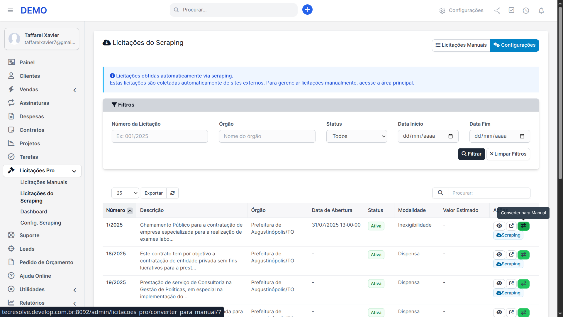 Taffarel.dev - Licitações Pro para Perfex CRM