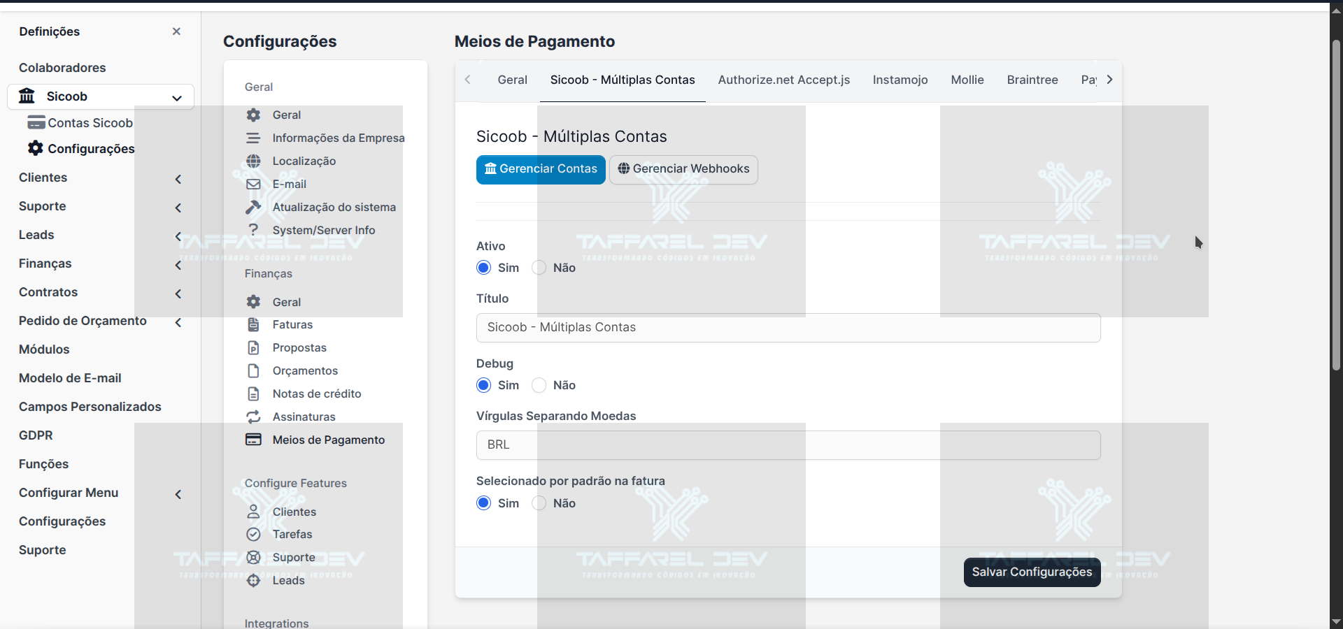 Taffarel.dev -  Módulo Gateway Sicoob - Múltiplas Contas