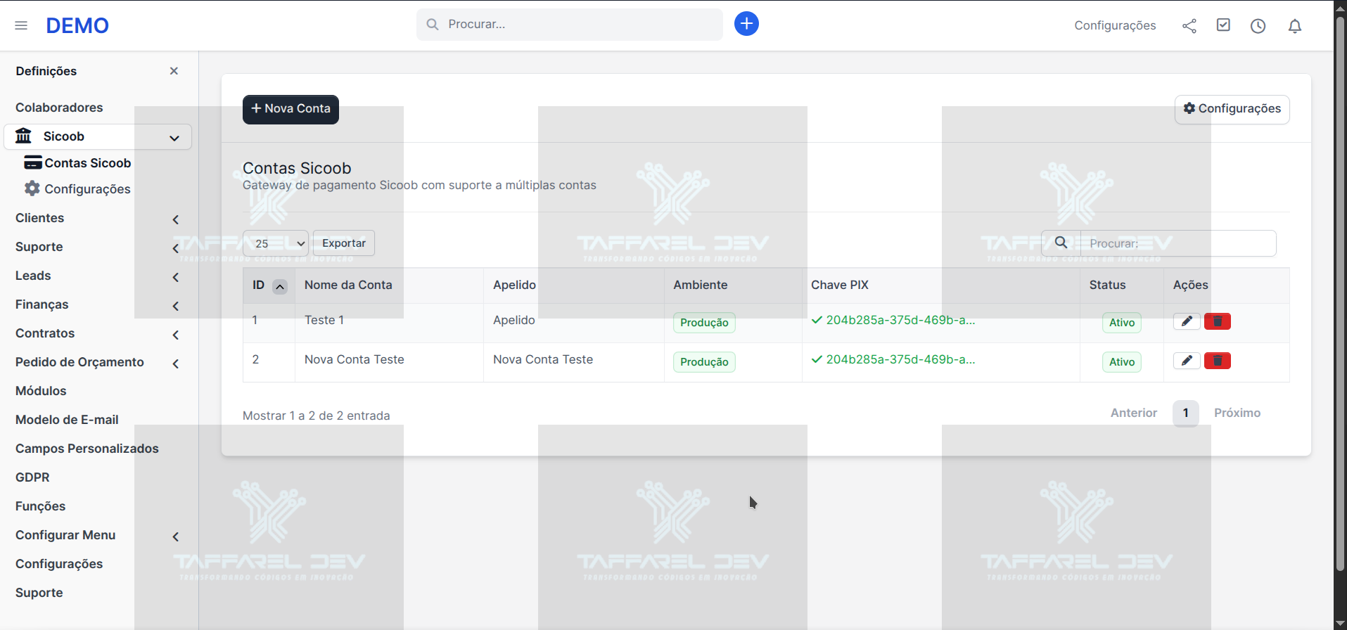 Taffarel.dev -  Módulo Gateway Sicoob - Múltiplas Contas