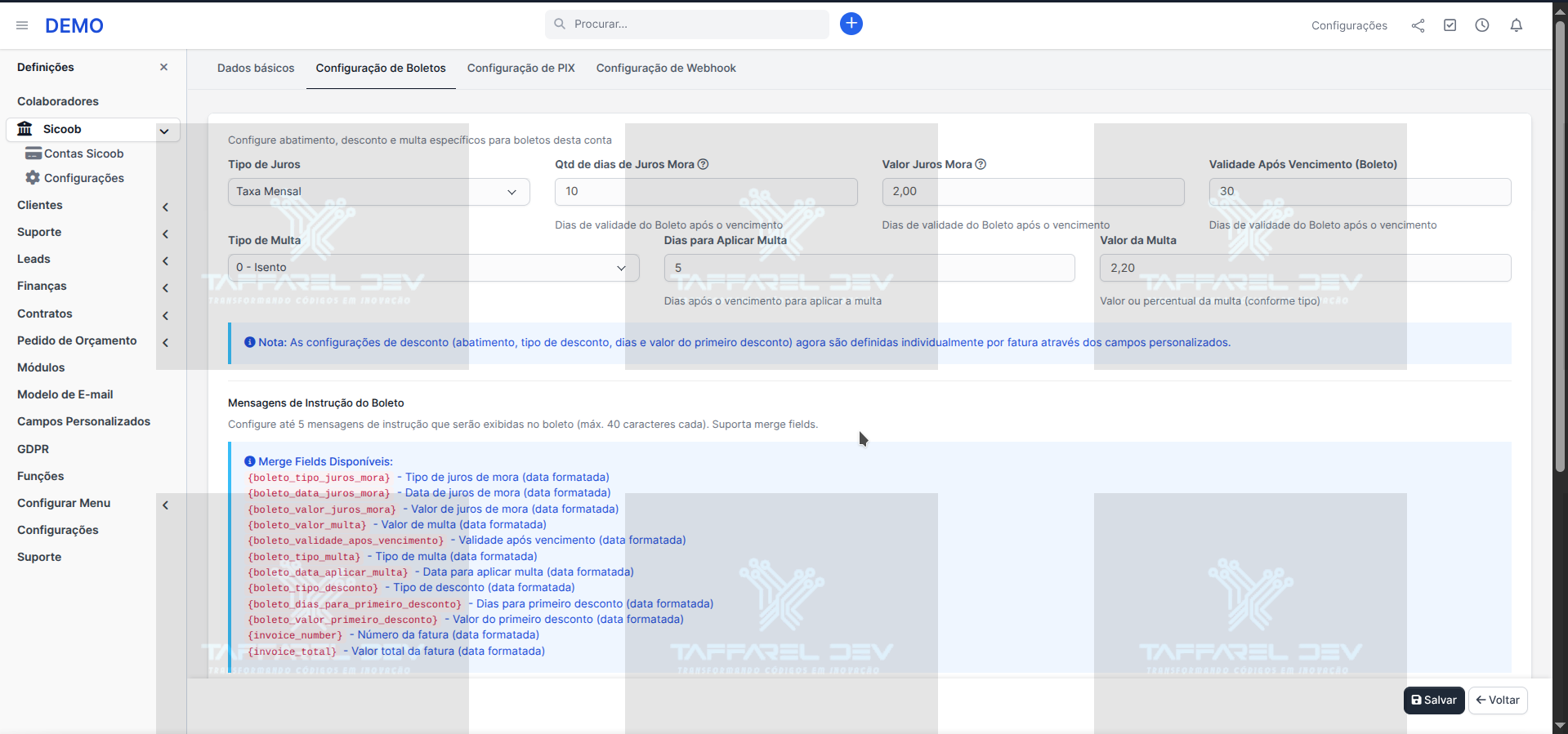 Taffarel.dev -  Módulo Gateway Sicoob - Múltiplas Contas