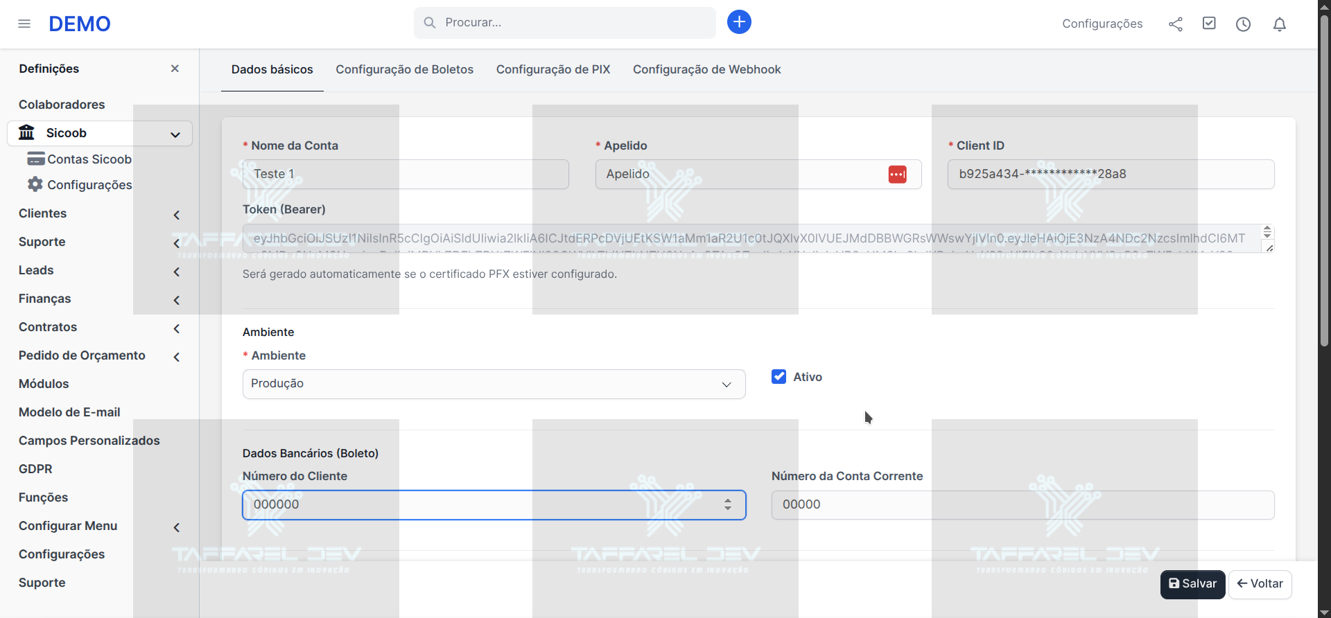 Taffarel.dev -  Módulo Gateway Sicoob - Múltiplas Contas